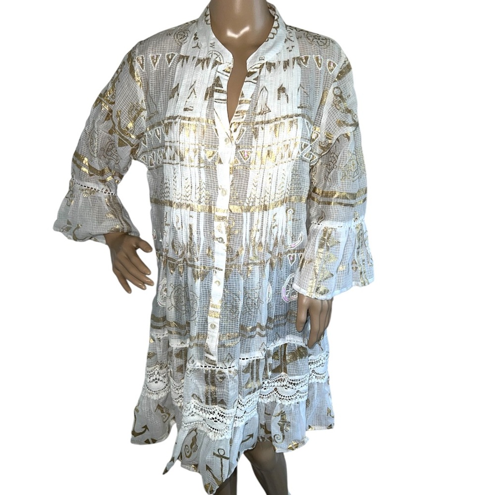 SIYA | SEQUINS & BEADED EMBELLISHED BUTTON UP WHITE AND GOLD DRESS